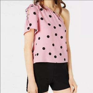 🔥BAR III🔥ONE SHOULDER POLKA DOT BOUSE PINK & BLACK TOP LARGE NWT